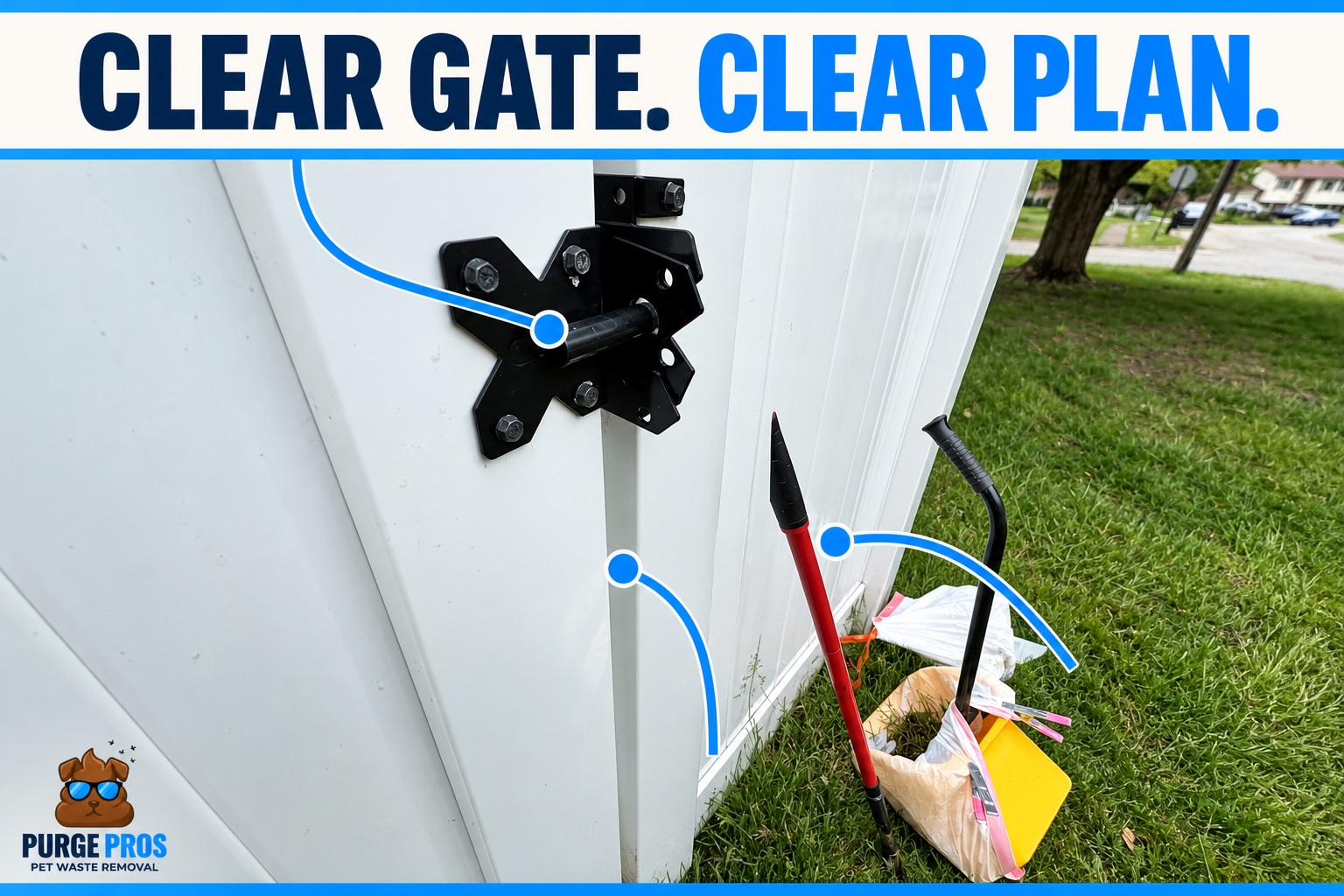 Purge Pros job photo of a closed white gate latch and cleanup tools, with blue access callouts.