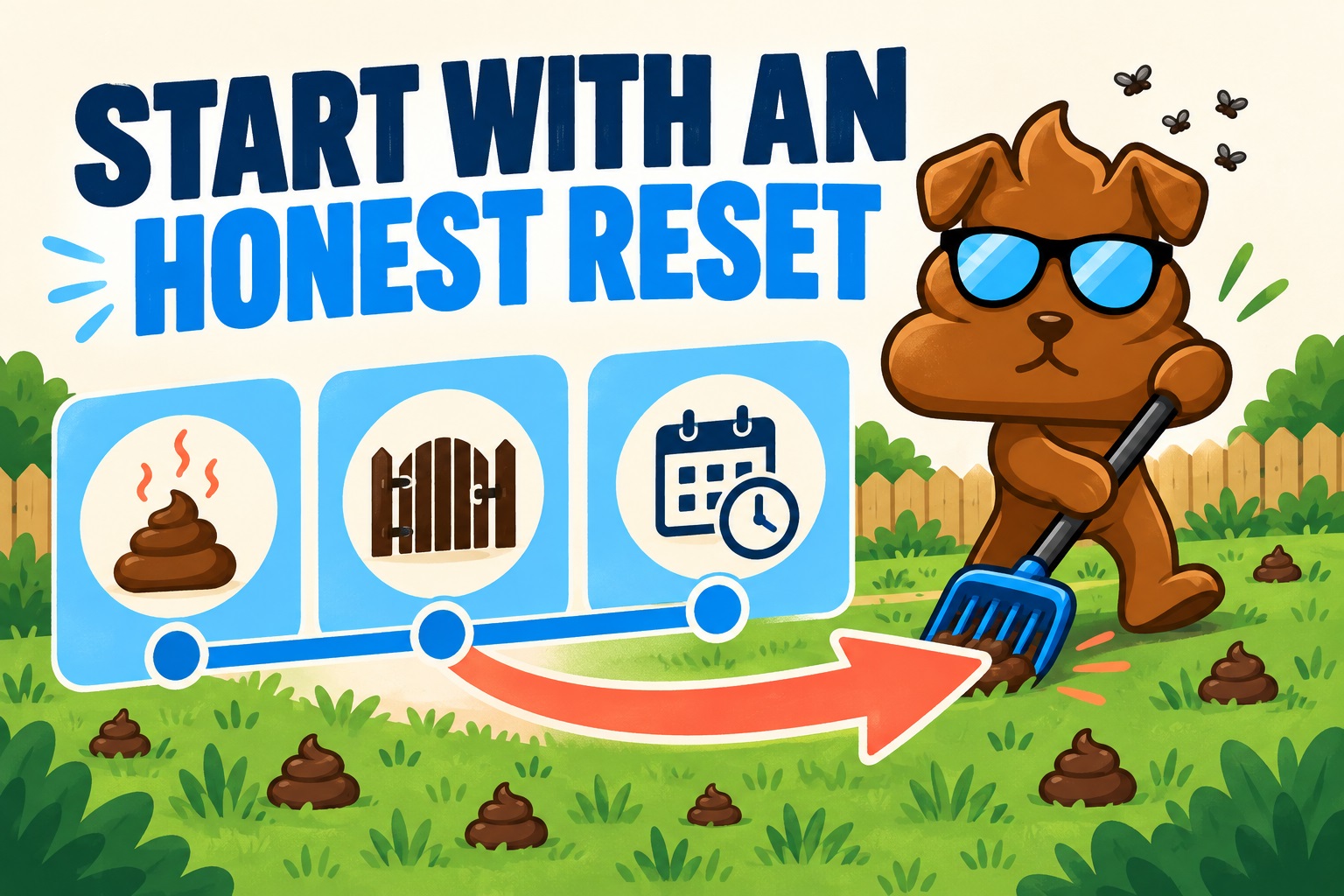 Purge Pros mascot with a scoop beside yard-buildup, gate-access and service-calendar icons.