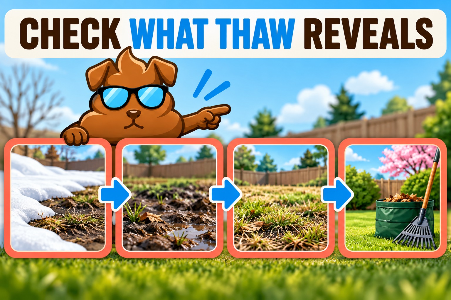 Purge Pros mascot points through a spring-thaw sequence showing melting snow, wet soil and a yard cleanup check.