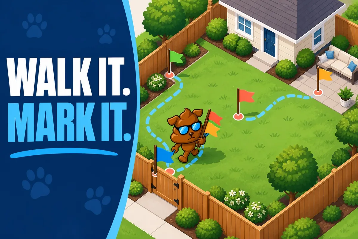Isometric illustrated yard walk-through with blue callouts for gate, side strip, surface, and patio; a faithful brown Purge Pros character carries marker flags.
