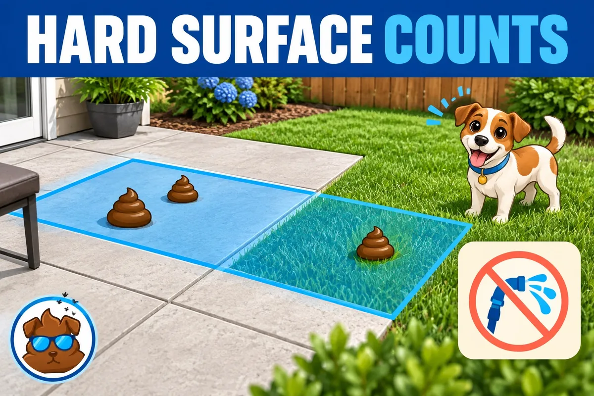 Purge Pros illustration highlights dog-waste pickup areas across a patio and lawn, with a cartoon dog and crossed-out hose icon.