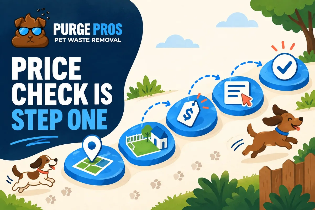 Purge Pros guide shows ZIP, yard plan, price, request and confirmation icons along a blue path, with two illustrated dogs.