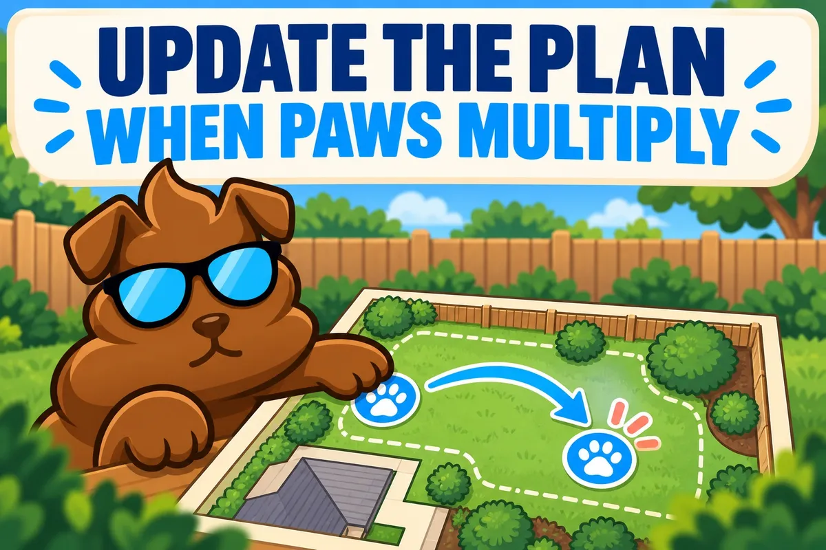 Illustrated plan card expanding from one paw to two paw markers on a yard map, updated by a faithful brown Purge Pros character.