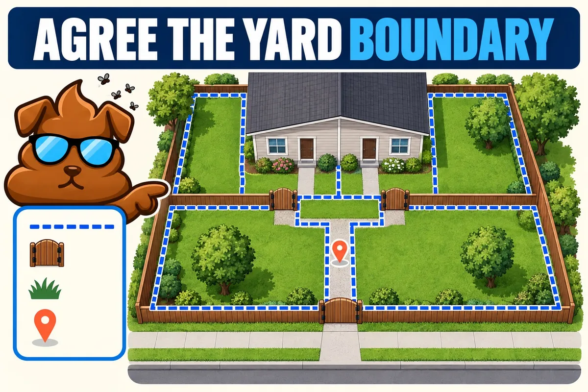 Illustrated shared-yard diagram with two homes, fenced lawn sections, gates, blue boundary lines, and an orange location pin, with a faithful brown Purge Pros mascot pointing.