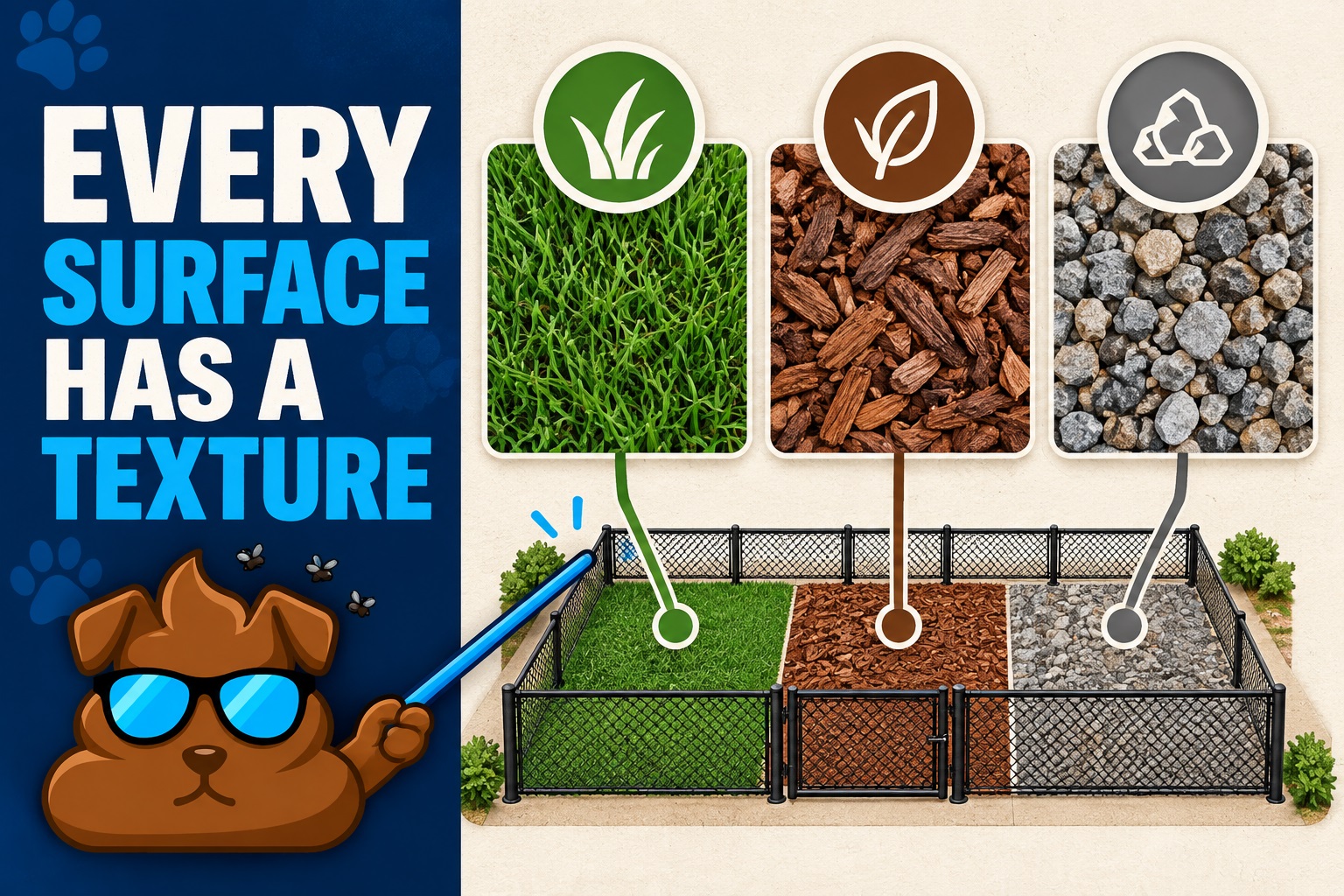 Illustrated surface comparison showing grass, mulch, and gravel swatches linked to a fenced dog run, with a faithful brown Purge Pros mascot pointing.