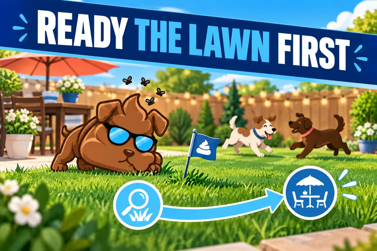 Illustrated backyard party preparation scene with table, dog-use zone, blue cleanup flag, and faithful brown Purge Pros character.