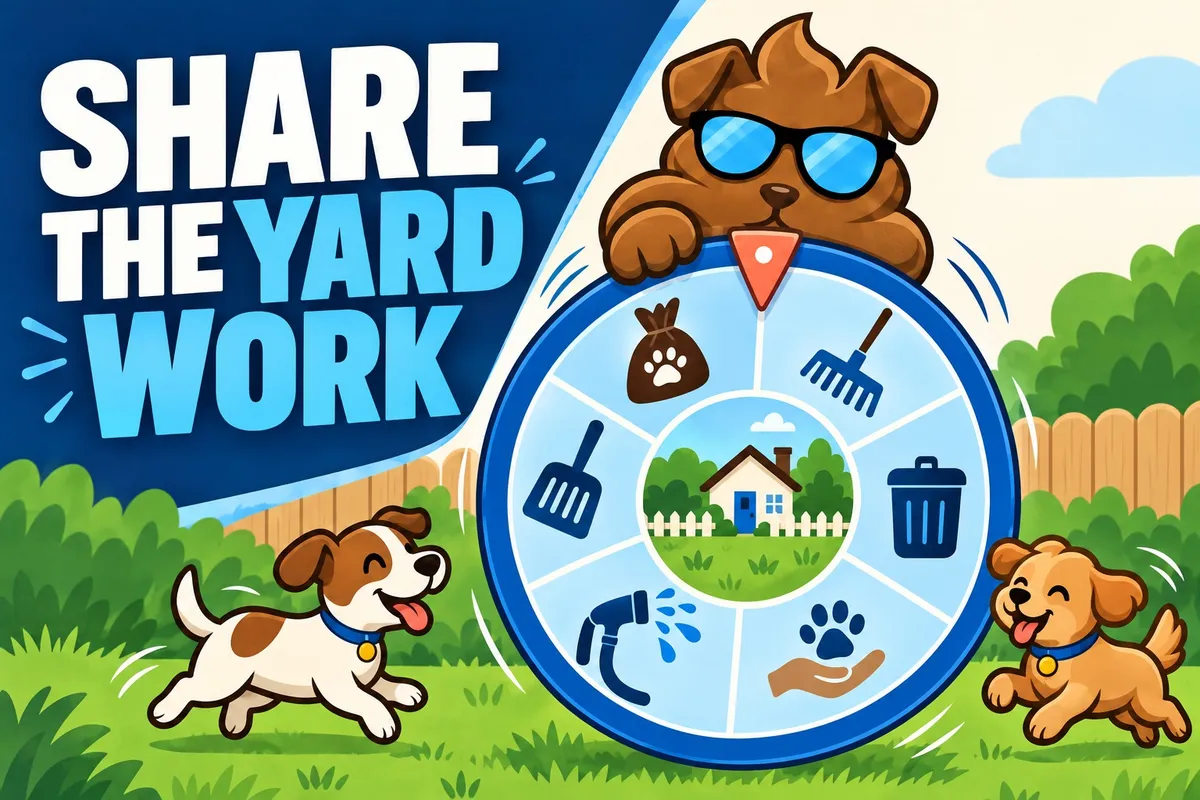 Illustrated blue task wheel dividing household yard tasks and provider support around a yard icon, with faithful brown Purge Pros character.