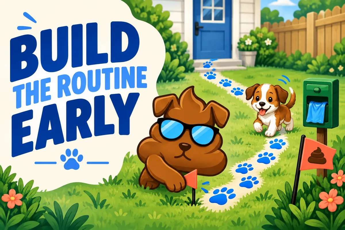 Illustrated puppy-routine path from door to yard station to cleanup card, with faithful brown Purge Pros character setting the first marker.