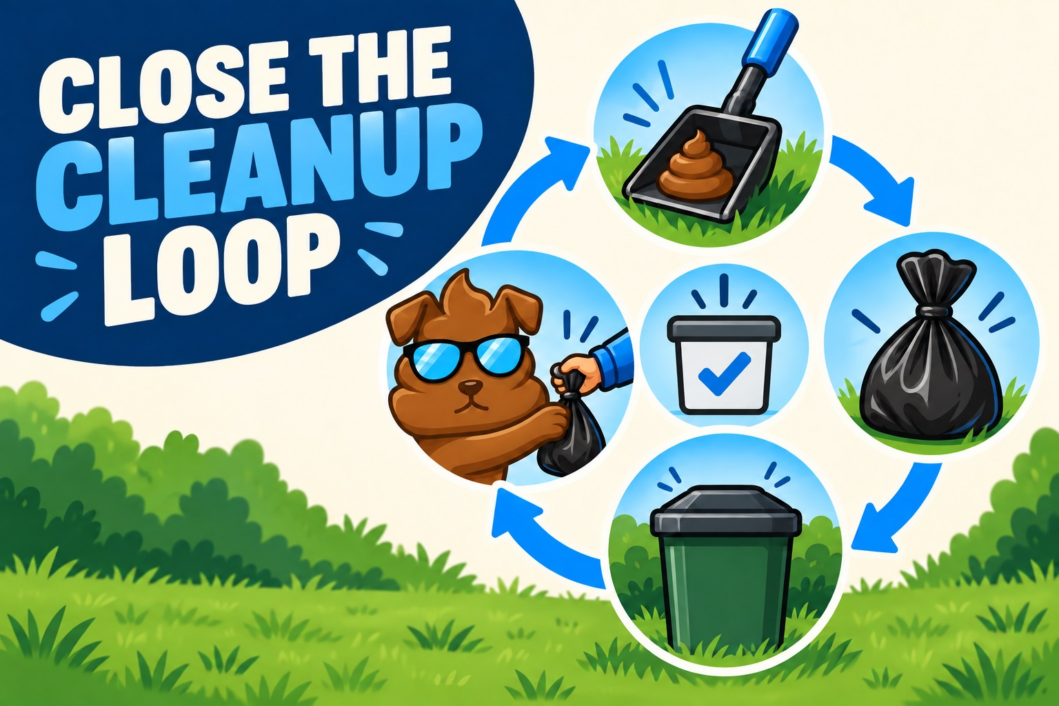 Illustrated circular workflow from scoop to sealed bag to outdoor bin to removal, guided by faithful brown Purge Pros character.