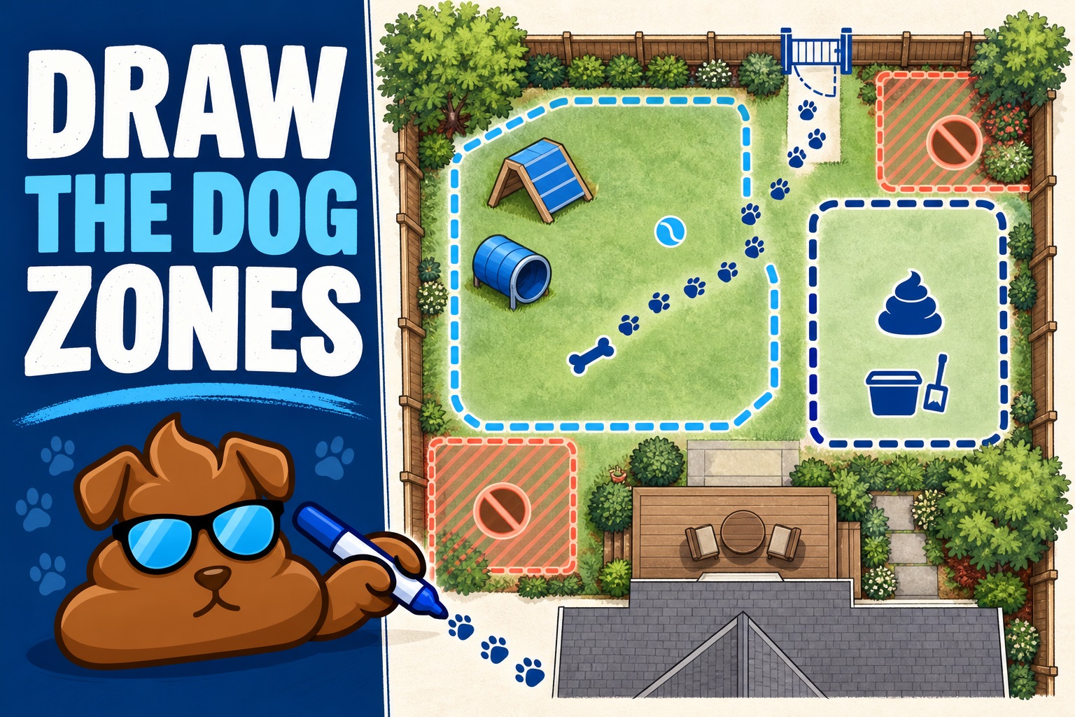 Illustrated backyard zoning blueprint labeling play, pickup, gate, and excluded areas with blue line styles and faithful brown Purge Pros character.