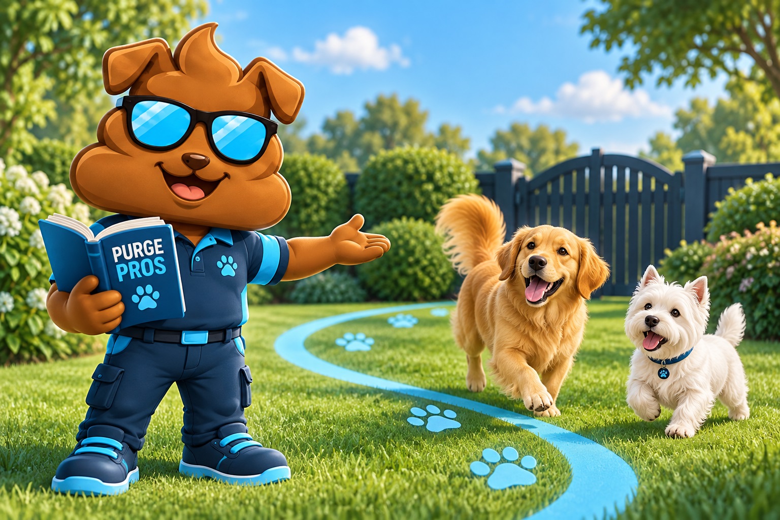 Purge Pros poop-face mascot holds a yard-guide book beside two happy dogs and a blue paw-print path in an illustrated fenced yard.