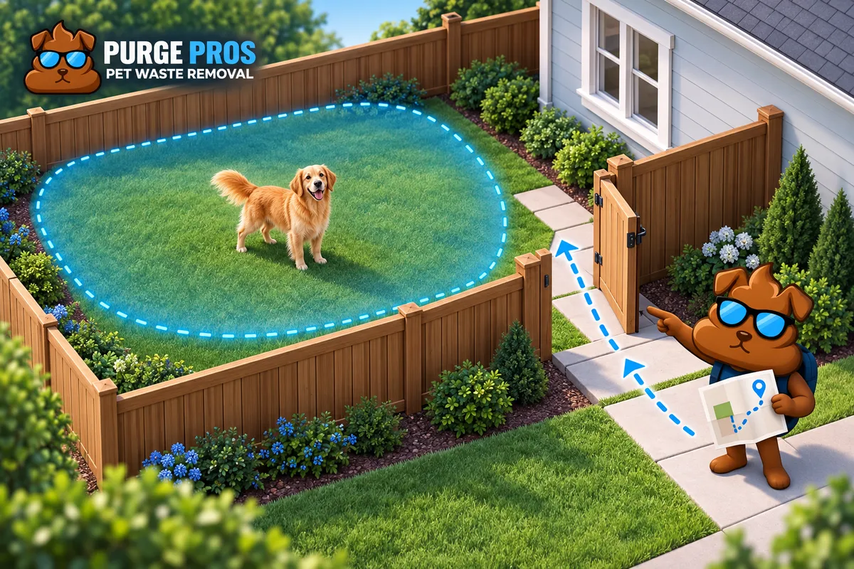 Illustrated Purge Pros mascot points from a physical gate toward a dog zone marked by a subtle blue boundary.