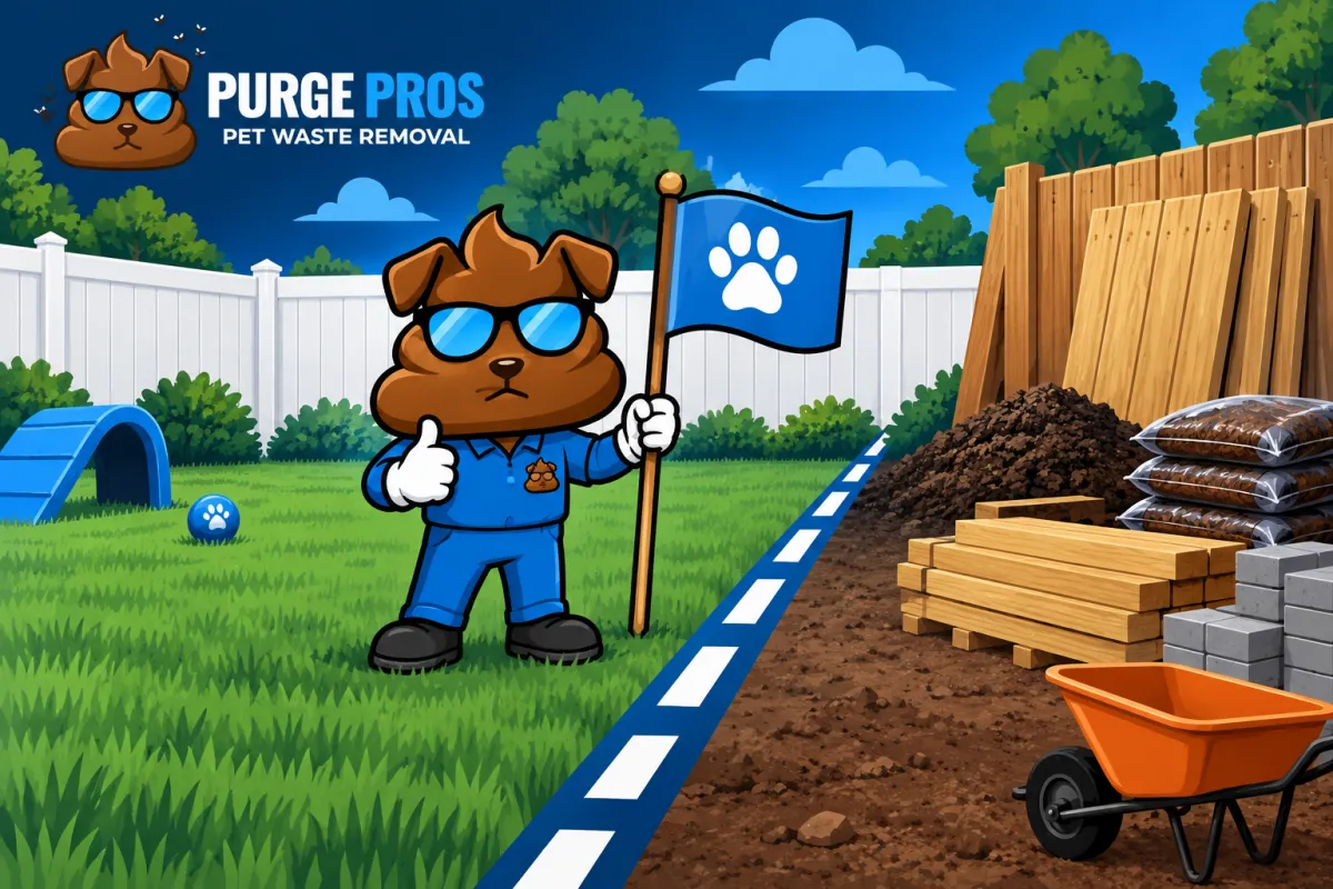Illustrated yard map separating a dog-waste pickup zone from a contractor work area with boards, soil, and mulch.