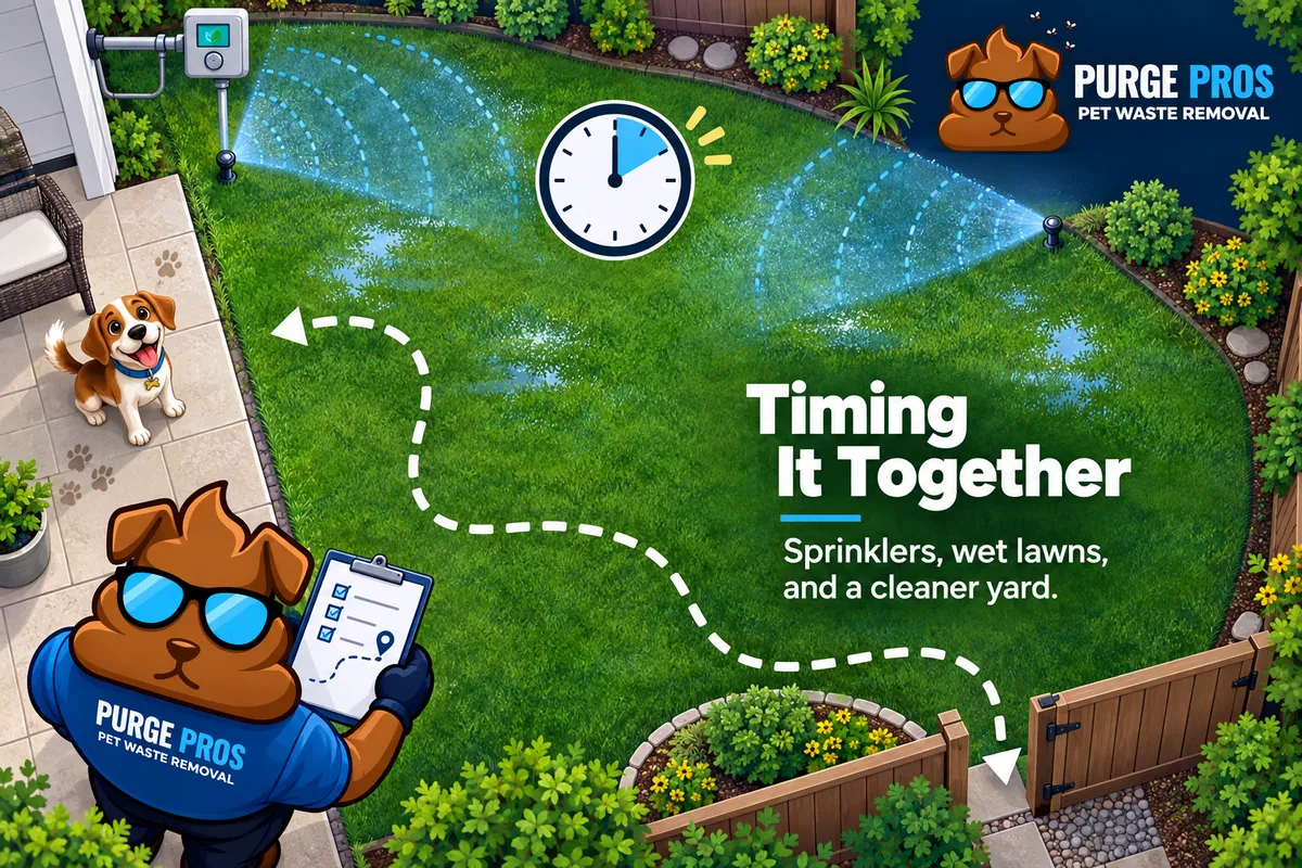 Top-down illustrated yard with blue sprinkler arcs, a timing clock, a gate route, and the Purge Pros mascot checking a clipboard.