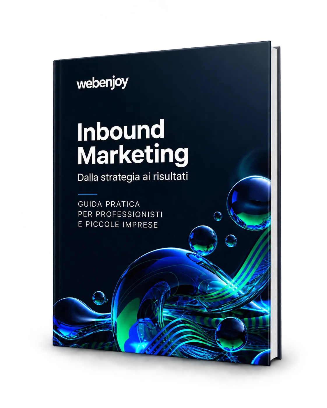 3D book mockup titled 'Inbound Marketing' with a dark abstract liquid cover design in deep blues and greens