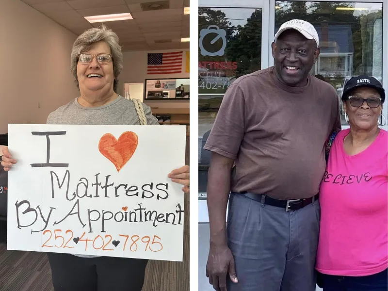 customers holding a sign that says 'I just saved a bunch of money at mattress by appointment henderson'