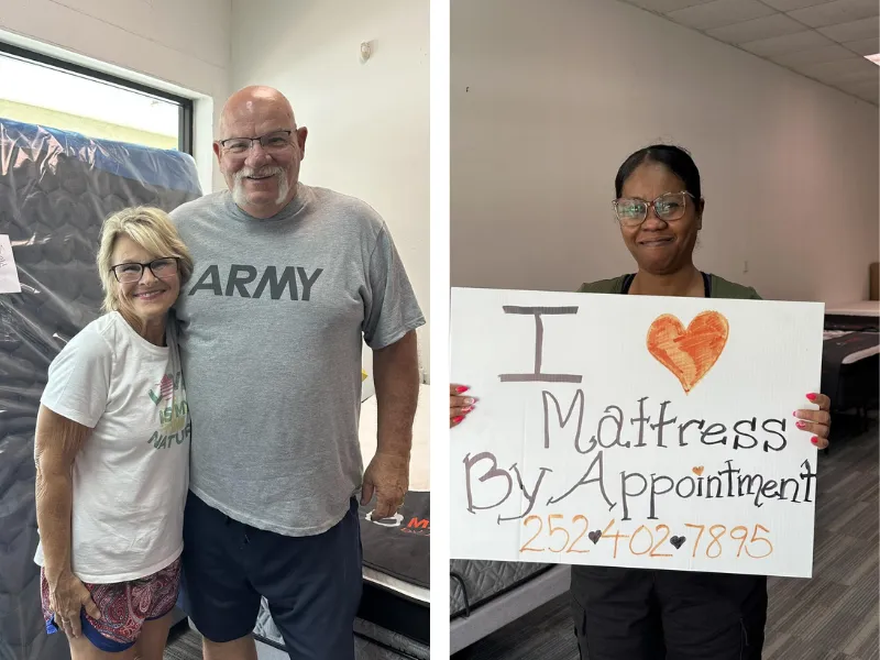 customers holding a sign that says 'I just saved a bunch of money at mattress by appointment henderson'