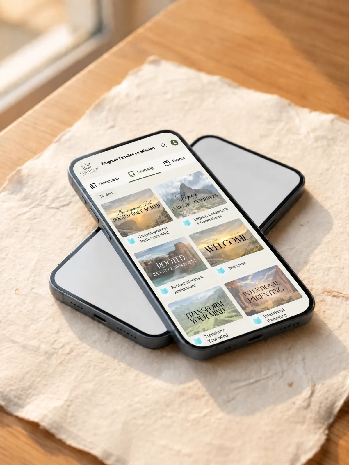 Phone mockup showing a simple course library screen