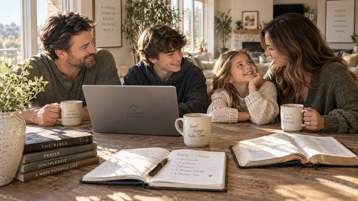 Parent and teen collaborating at a table with a laptop, cinematic golden-hour light