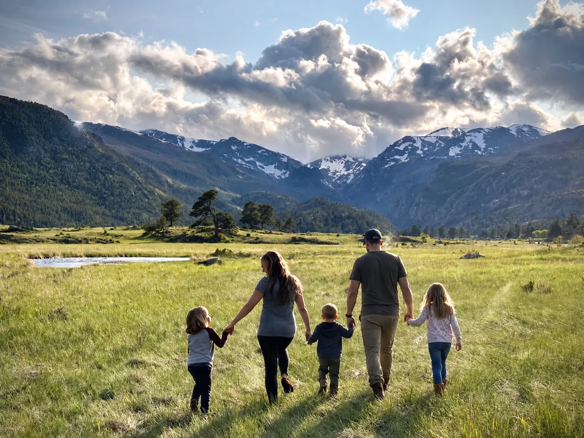 Family gathered at a kitchen table with a laptop and notebooks, warm golden-hour light