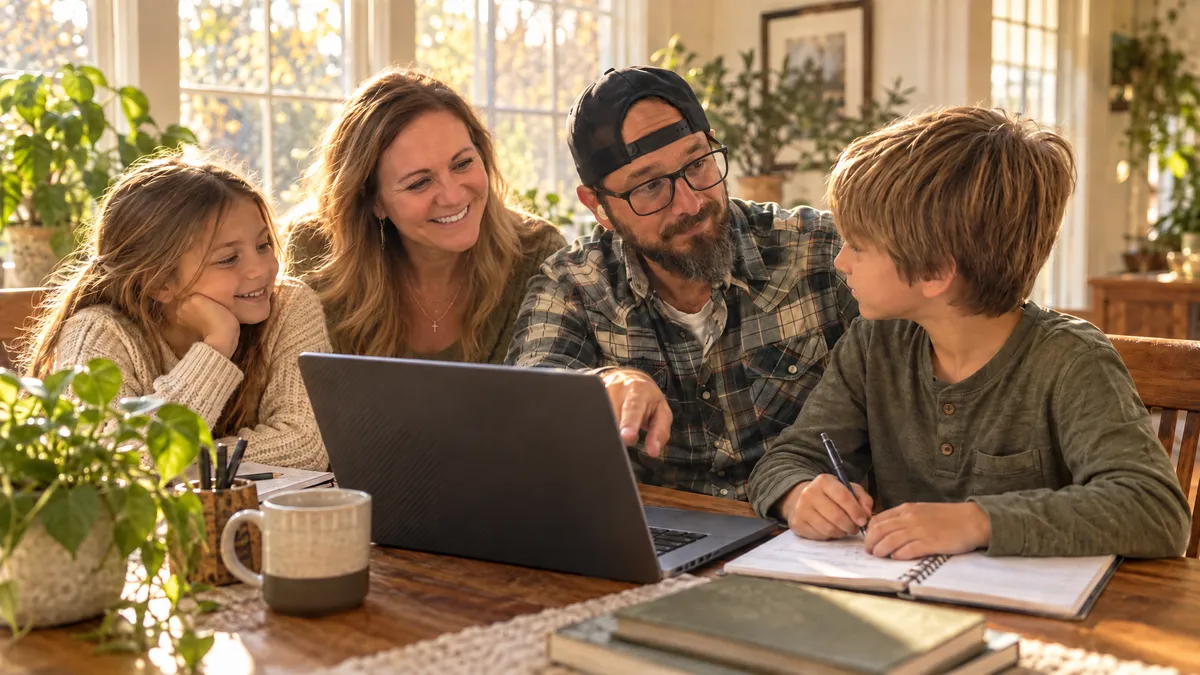 Parent and teen collaborating at a table with a laptop, cinematic golden-hour light