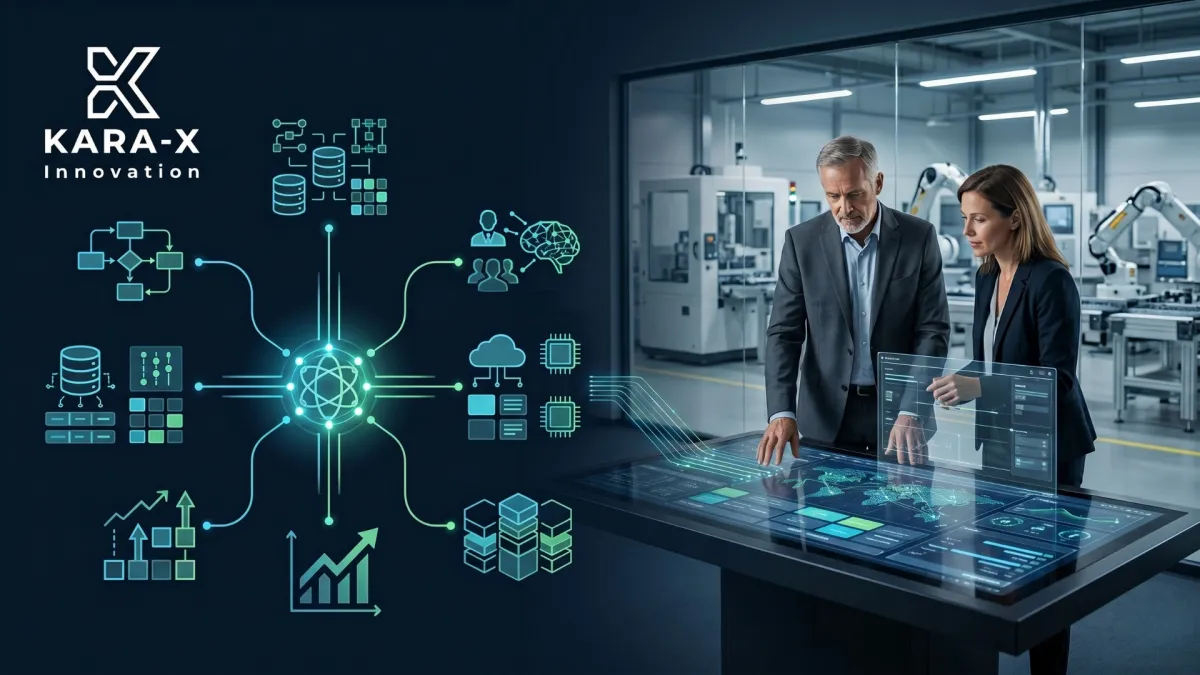 KI-Strategie für den Mittelstand: Kara-X visualisiert KI-gestützte Geschäftsanalyse für KMU mit Datenflüssen und Künstlicher Intelligenz