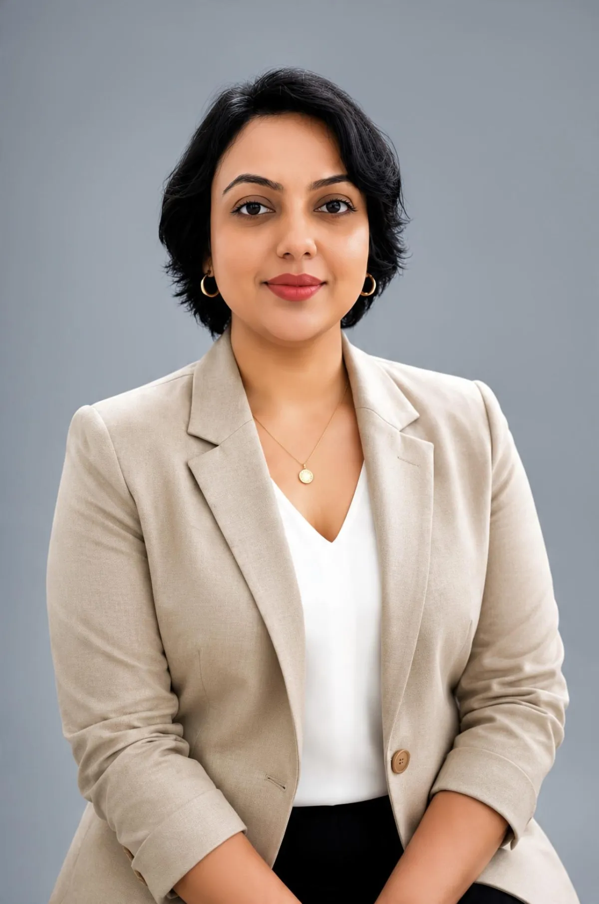 Professional head-and-shoulders portrait of an Indian woman in her thirties, smiling, in business clothing, against a LIGHT softly blurred background