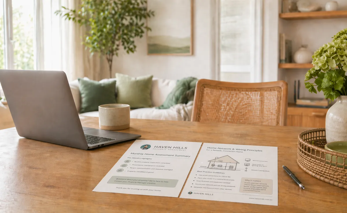 Picture of Haven Hills PDFs printed out on desk.