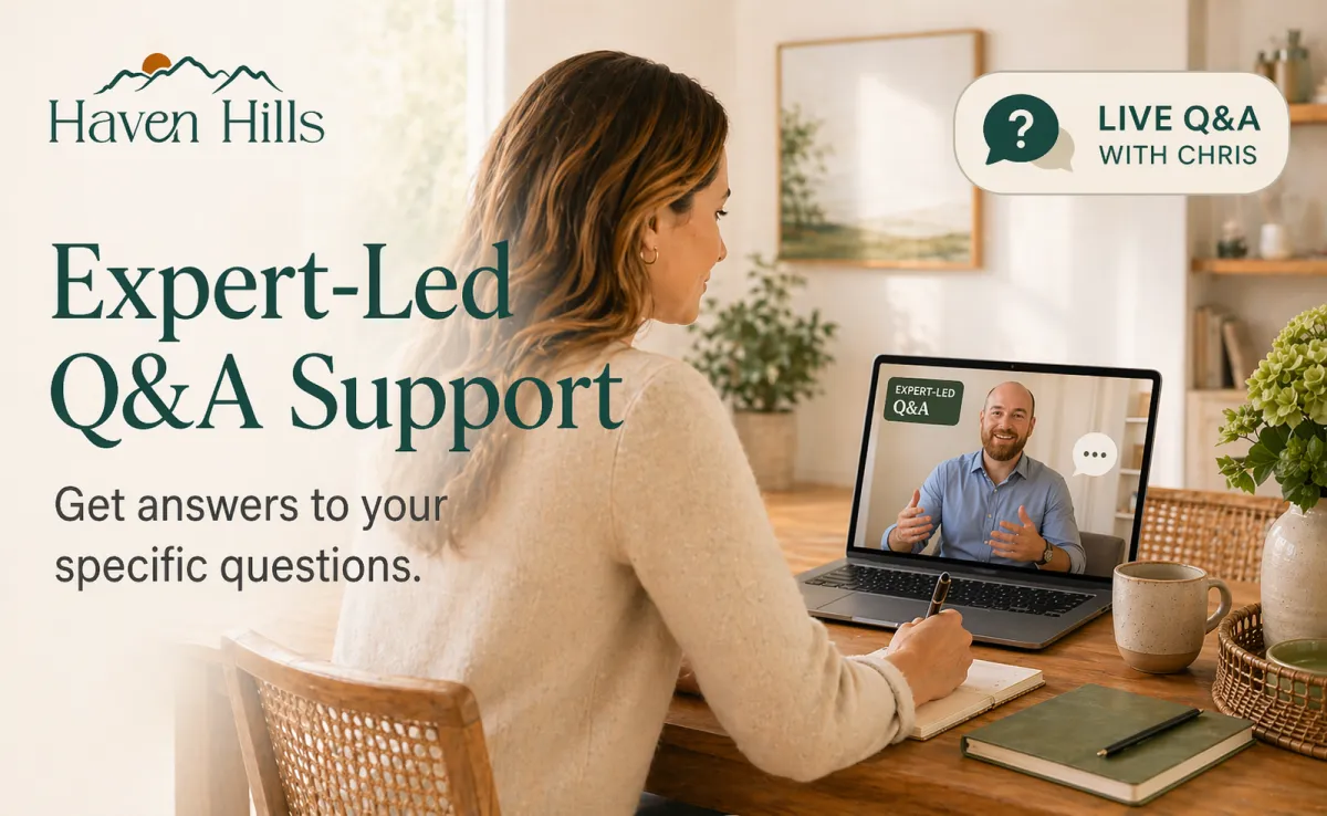 Photos of women sitting at desk, watching live Haven Hills Q/A session and taking notes. 