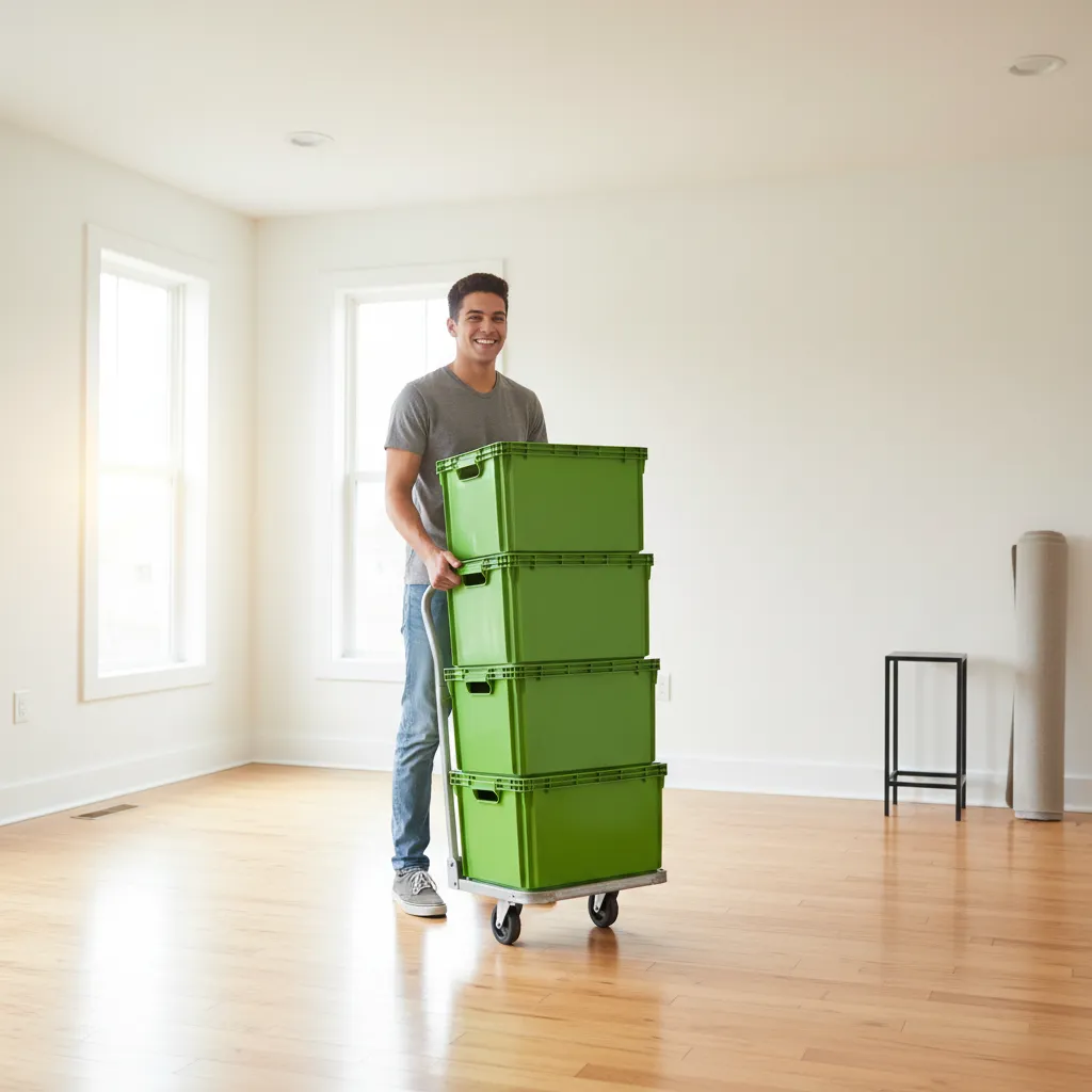Man with Moving Bin boxes