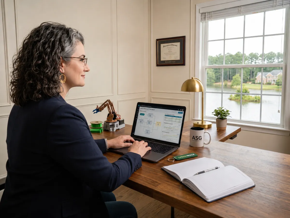 Small business owner reviewing AI automation tools on a laptop