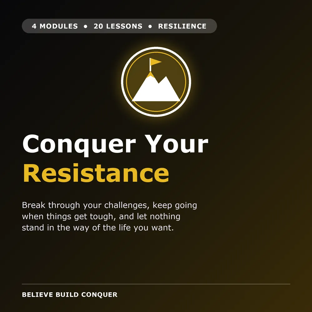 Conquer Your Resistance course thumbnail with a gold mountain and flag icon on a black background