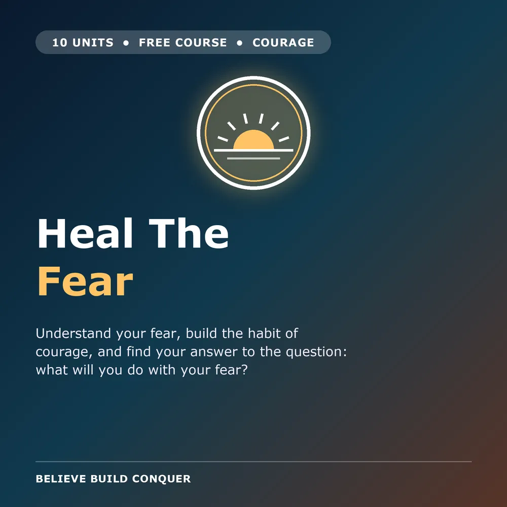 Heal The Fear free course thumbnail with a sunrise icon on a deep blue background