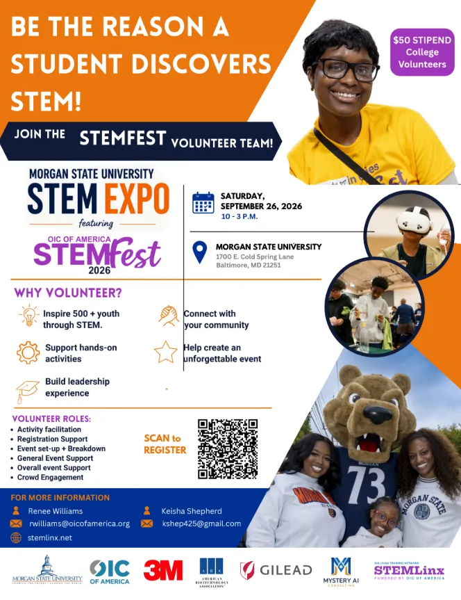 Save the Date English Flyer — Black students and volunteers sharing flyers at a community STEM Expo