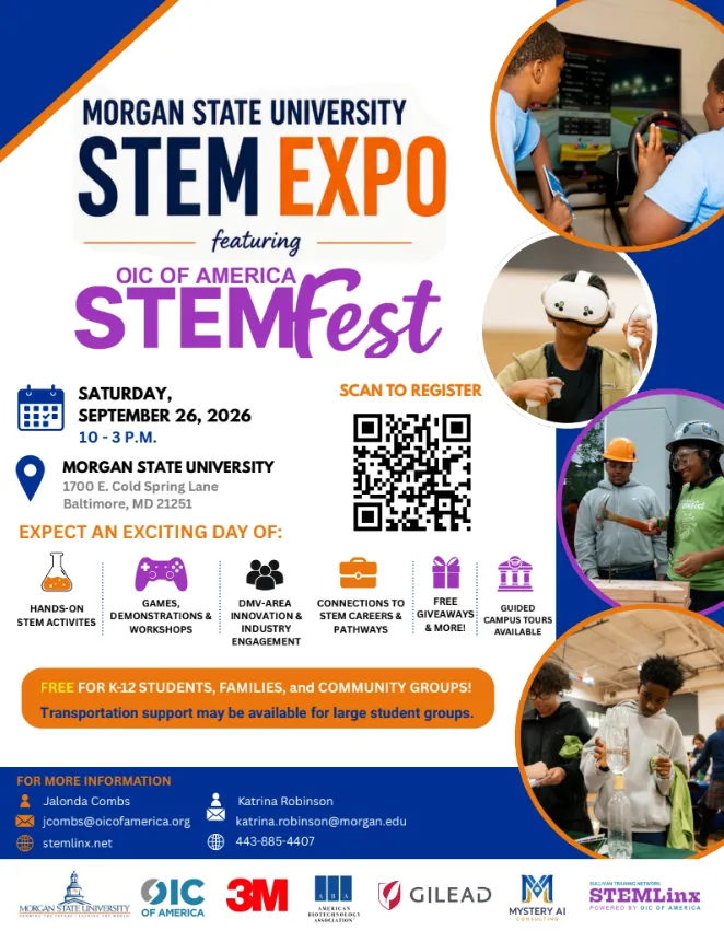 Save the Date English Flyer — Black students and volunteers sharing flyers at a community STEM Expo