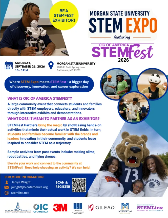 Save the Date English Flyer — Black students and volunteers sharing flyers at a community STEM Expo