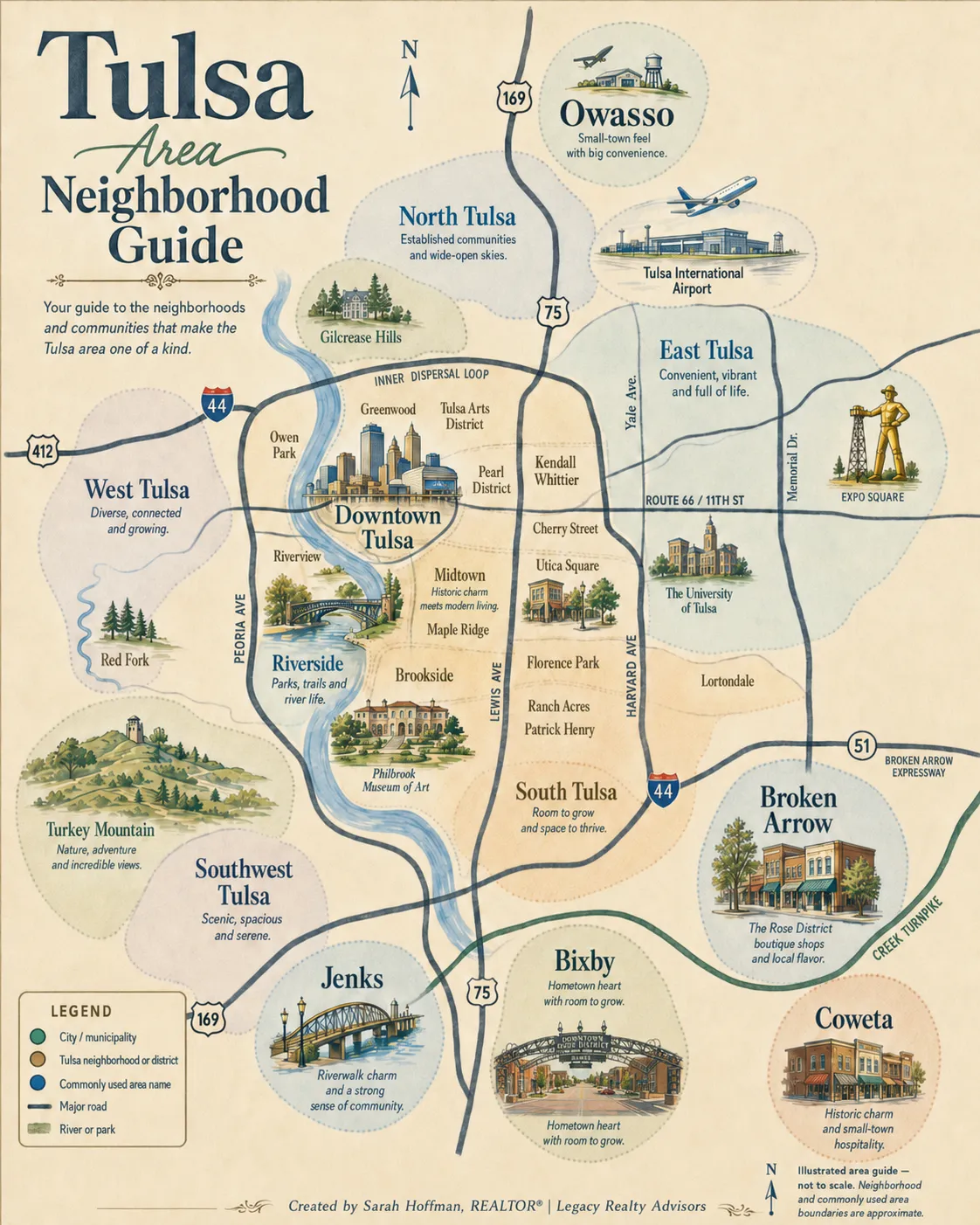 Illustrated Tulsa Neighborhood Map for Relocation Clients by Sarah Hoffman, REALTOR®