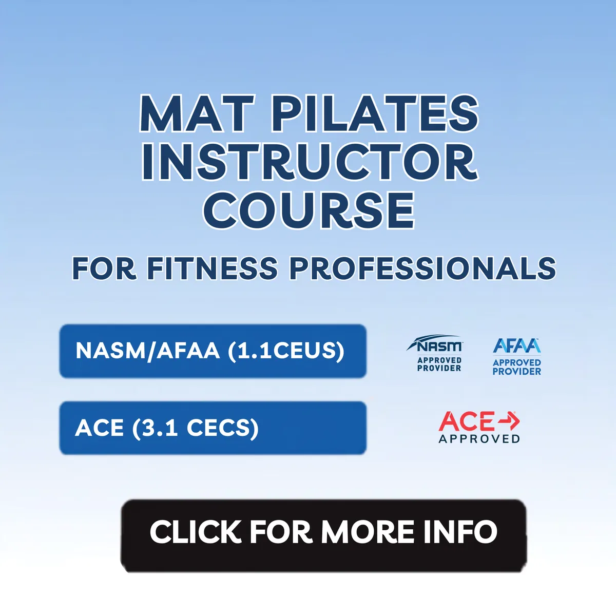 Mat Pilates Instructor Course for fitness professionals with NASM, AFAA and ACE continuing education approval