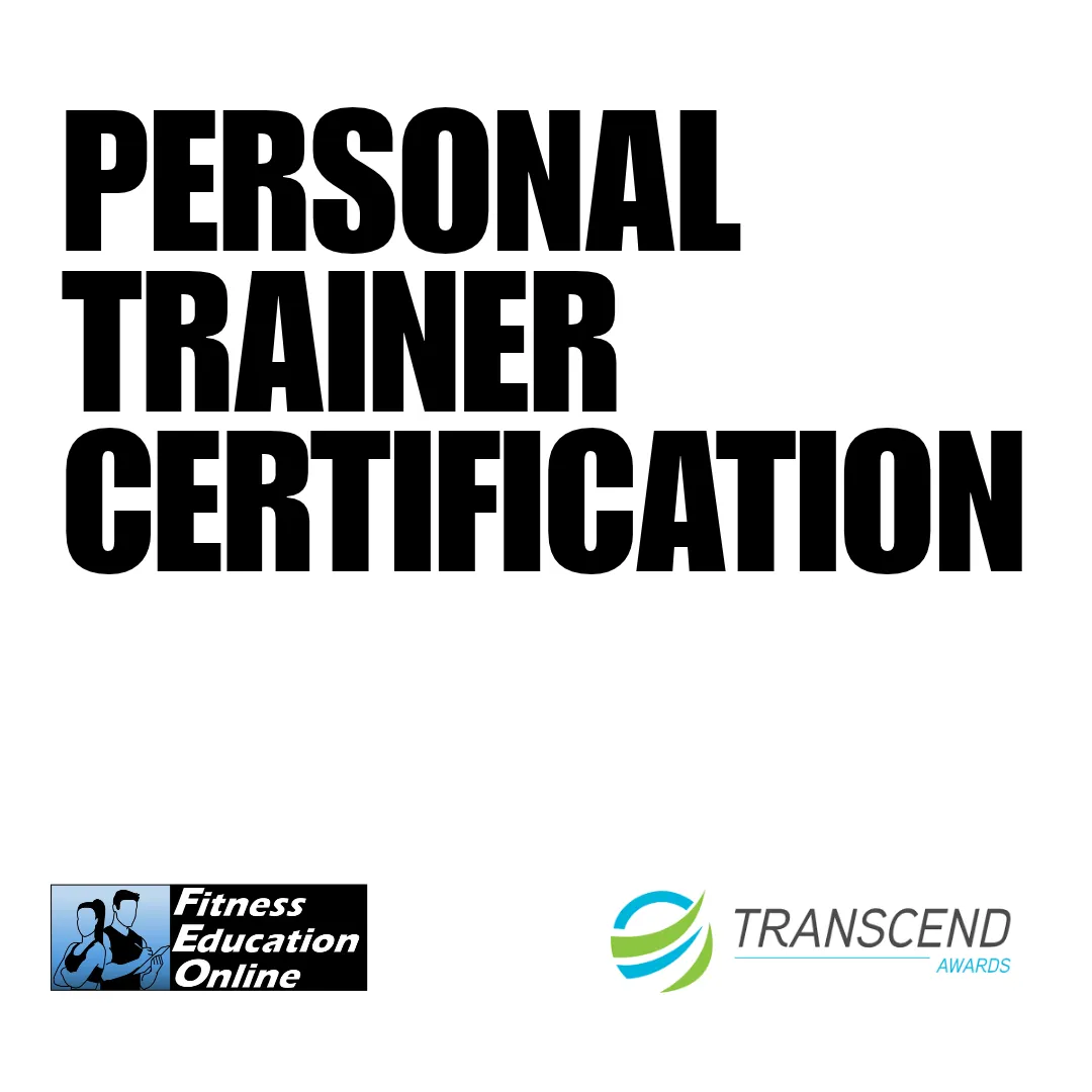 Personal Trainer Certification graphic featuring Fitness Education Online, CIMSPA, Ofqual and Transcend Awards accreditation logos