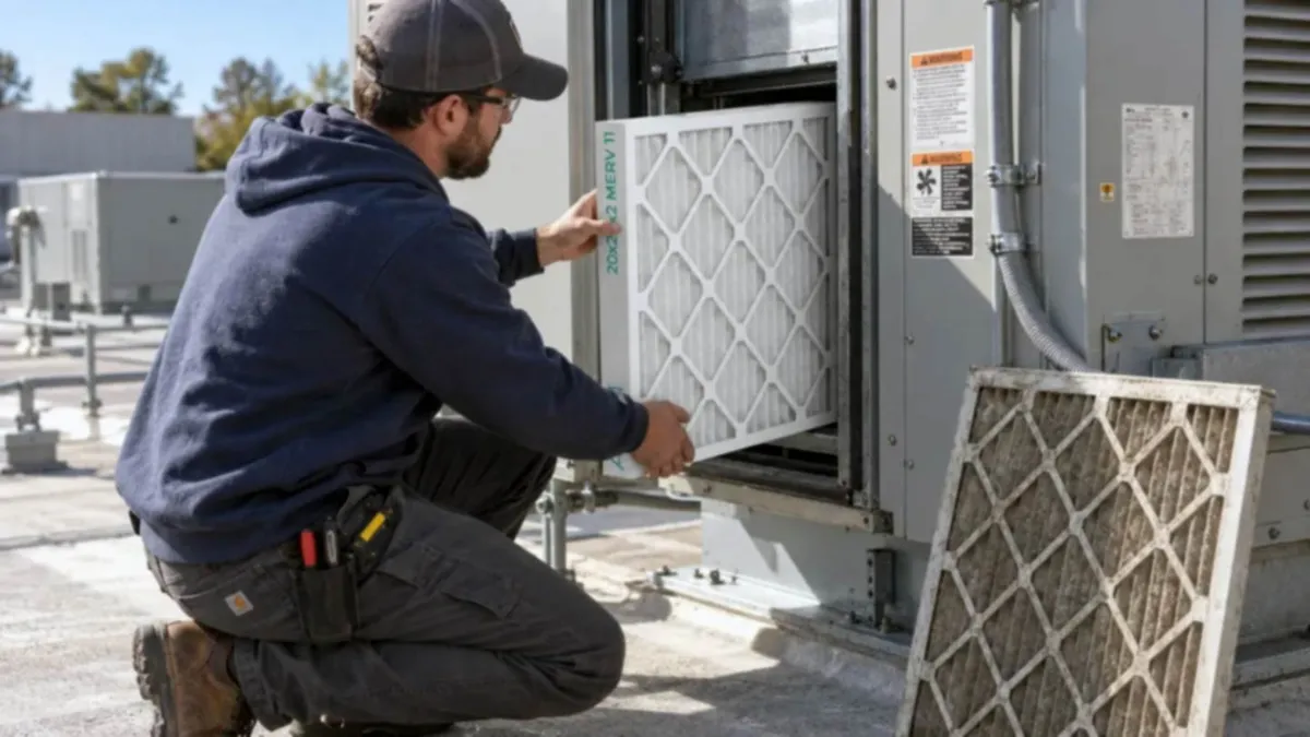 A HVAC technician performing a filter swap to a new Alen HEPA Filter for HVAC units. 