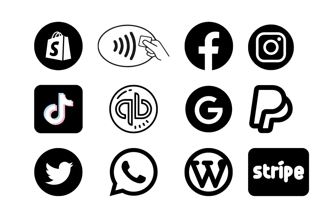 Google logo, shopify logo, trust pilot logo, quick books logo, facebook logo and instagram logo to show the apps Their Local connects too.