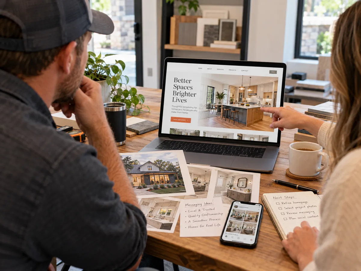 Trade business owner reviewing premium visual brand guidelines and fleet collateral