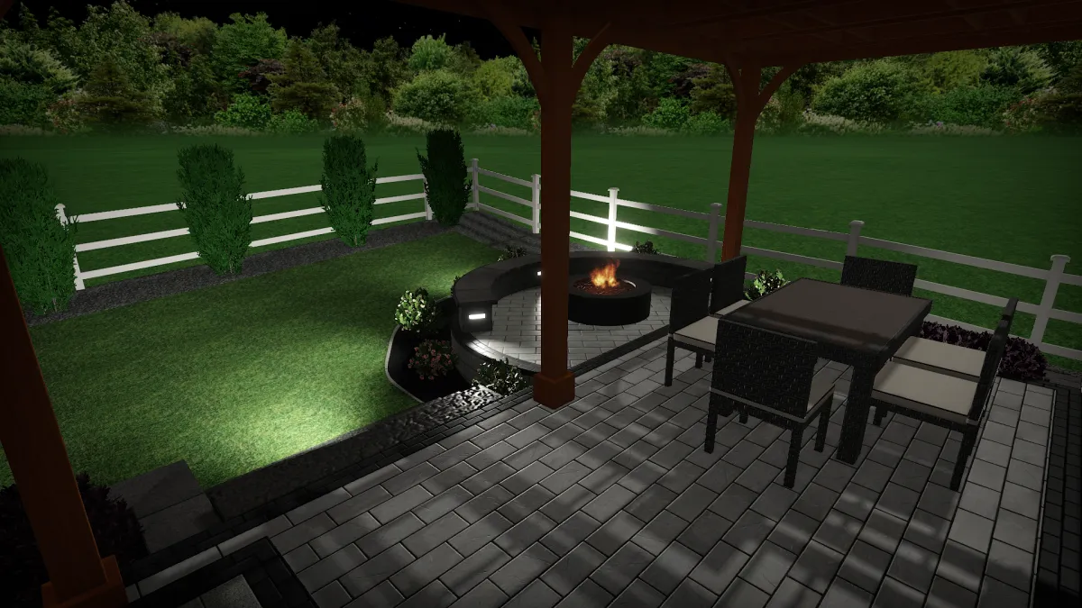 a view of a patio through a window of a house