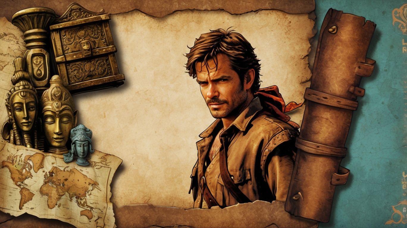 Adventurous male character in rugged explorer attire, standing next to ancient artifacts, world map, and scroll—symbolizing character backstory, cultural depth, and journey origins in storytelling.