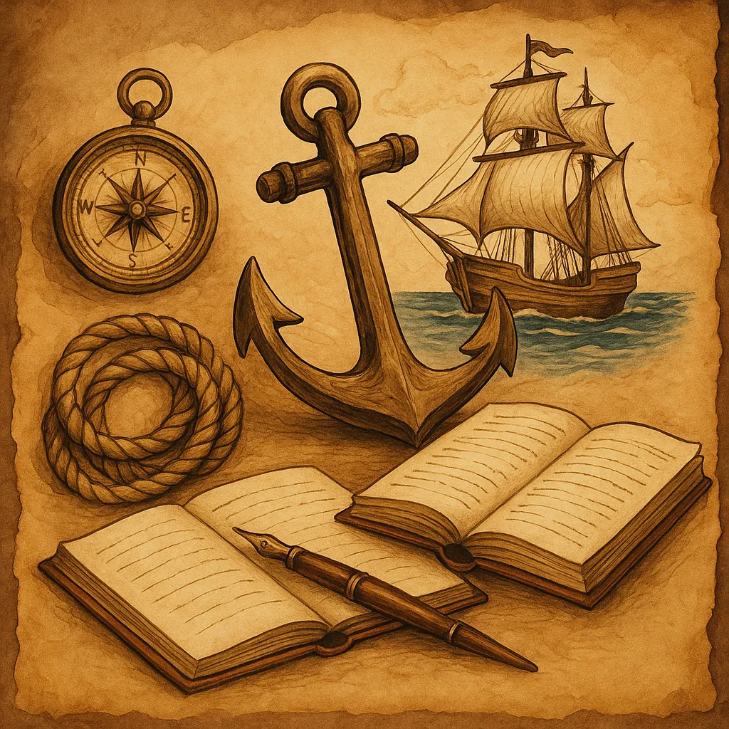 Vintage nautical-themed illustration featuring an anchor, compass, rope, open books, and a sailing ship—symbolizing strong story beginnings and direction in writing.