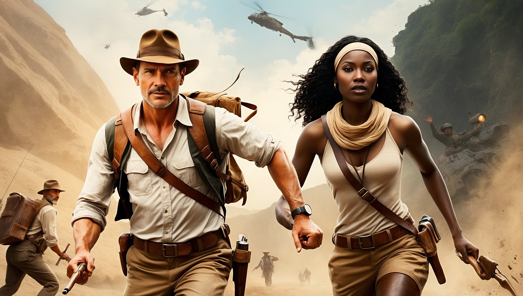 Adventure-style couple being chased, symbolizing relatable protagonists in storytelling
