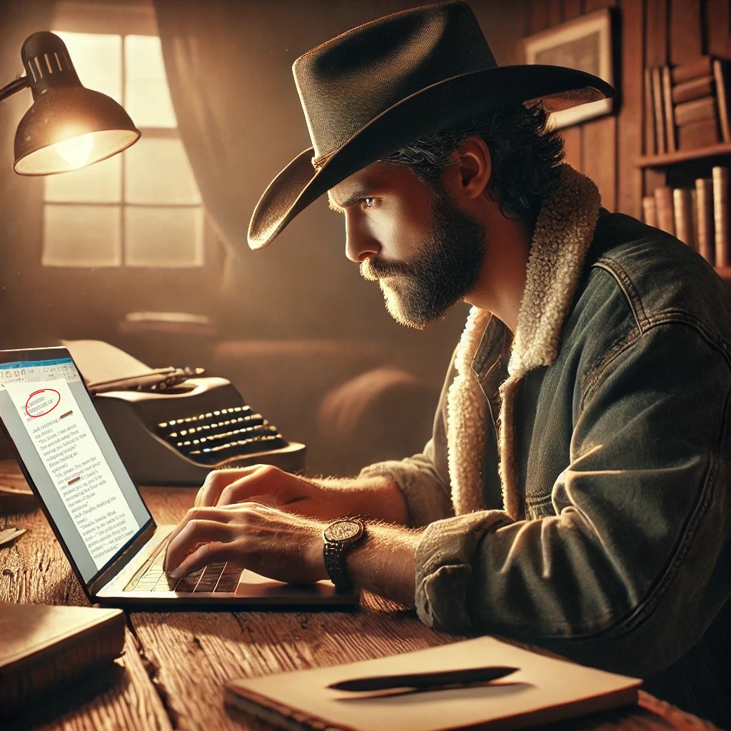 A writer editing a dialogue scene on a laptop, refining character conversations for realism and engagement.