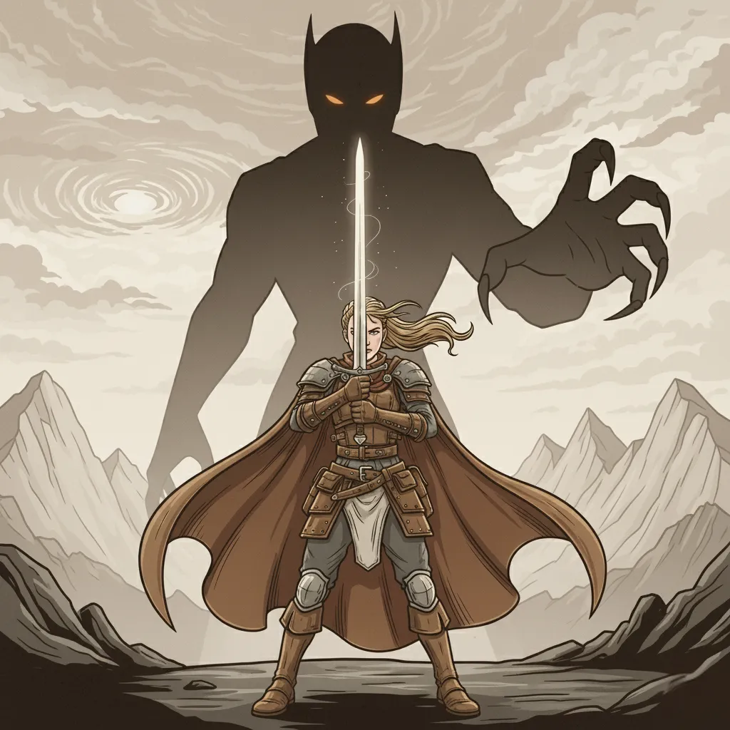 Illustrated villain silhouette looming behind a hero, symbolizing values that shape unforgettable antagonists.