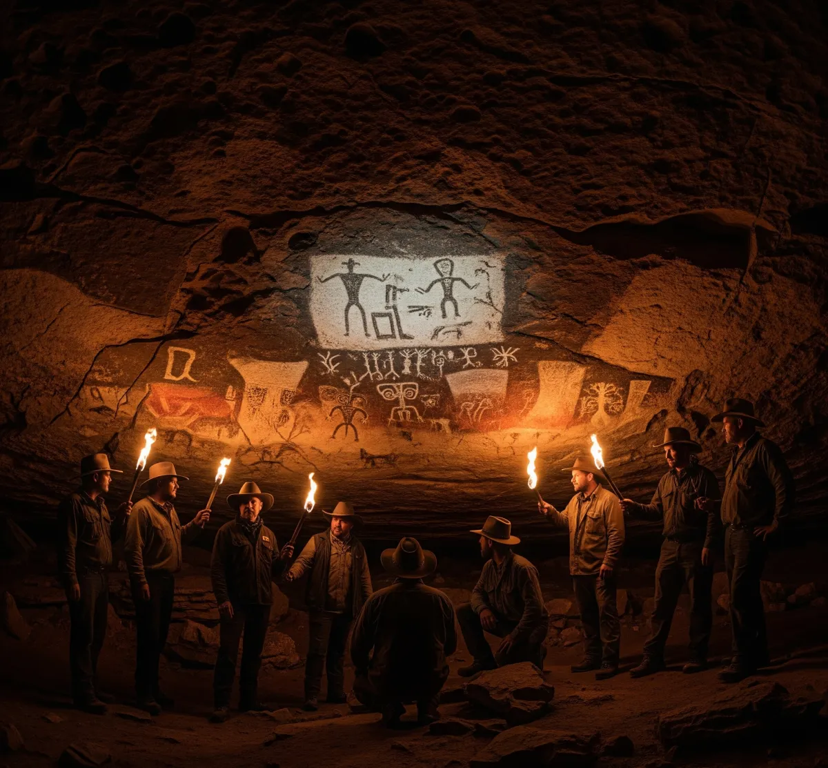 people looking at a storyboard on a cave wall showing how subplot threads weave into a main plot timeline across scenes