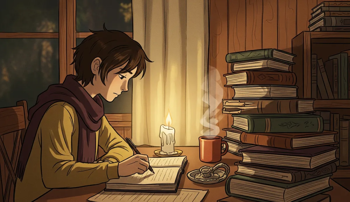 Illustration of a character journaling by candlelight, symbolizing inner rituals in writing.